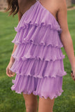 NEW MAC DUGGAL RUFFLE CHIFFON HALTER MINI DRESS - 6
