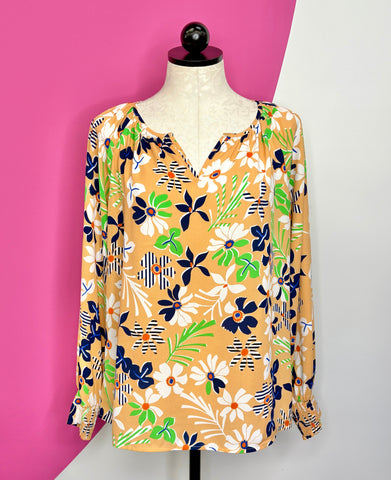 CABI ISLAND TROPICAL SMOCKED BLOUSE - S