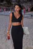 ANTHROPOLOGIE BLACK KNIT TOP + SKIRT SET - L
