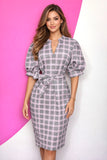 NY&CO HERRINGBONE PLAID PUFF SLEEVE DRESS - L