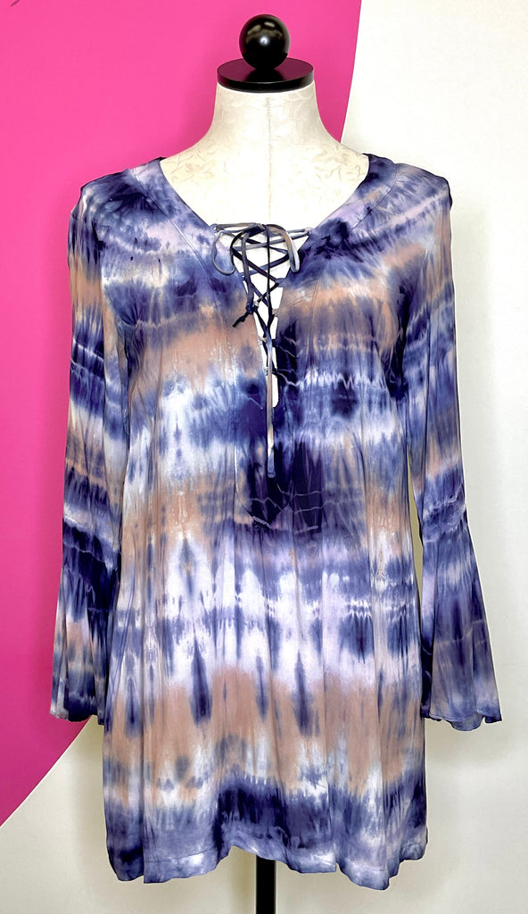 blue life tie dye dress Blue Life Double Slit Halter Dress Tan & Blue Tie Dye Size Small