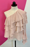 SCRIPTED BLUSH ONE SHOULDER RUFFLE TOP - S