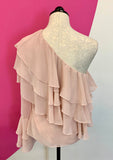 SCRIPTED BLUSH ONE SHOULDER RUFFLE TOP - S